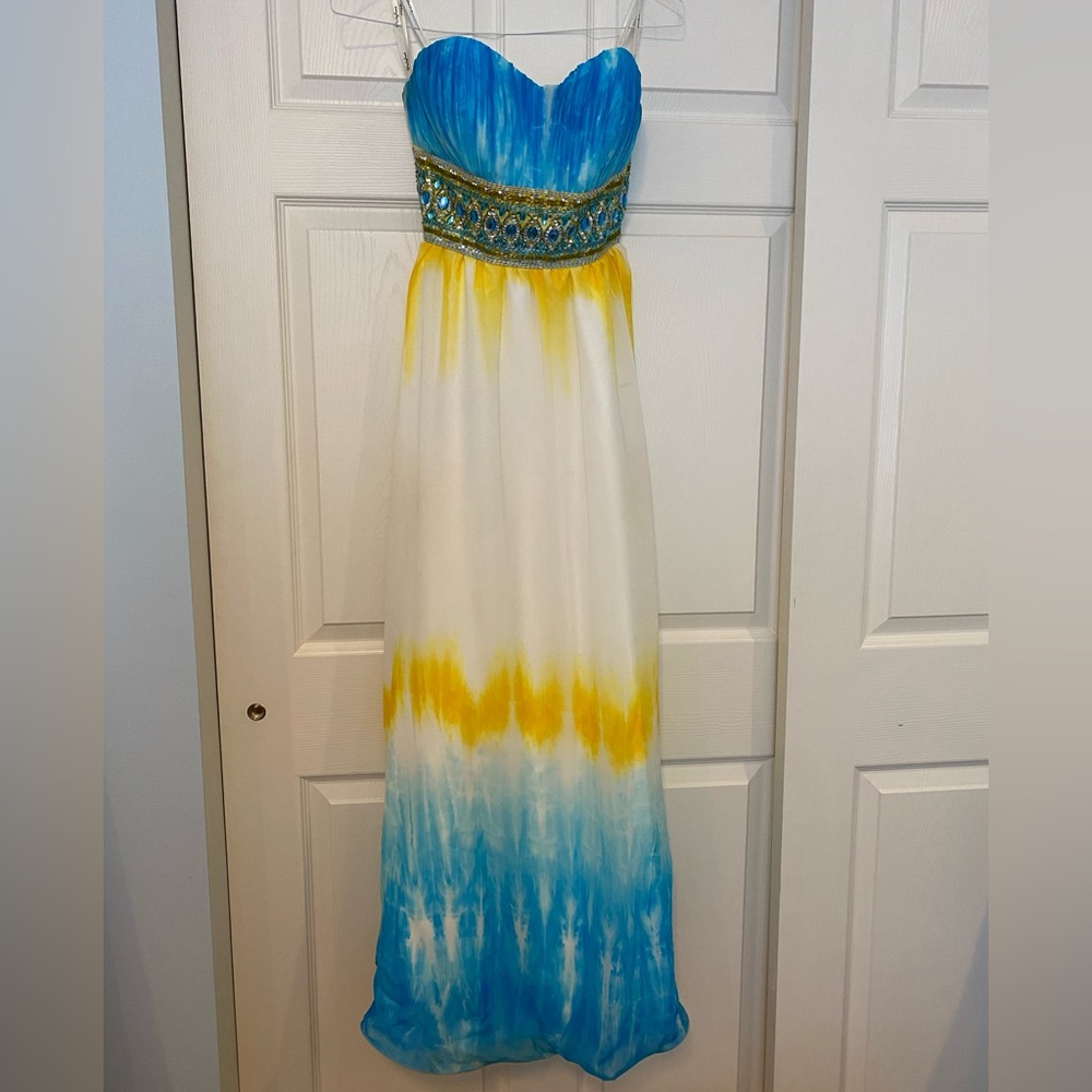 Empire waist, beaded, formal gown, size 10, taken in, blue, yellow and white